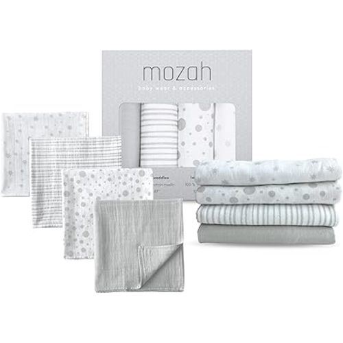 MOZAH Organic Muslin Swaddle Blankets - Baby Extra Large 47x47 inches - Baby Swaddle Blanket - Stars, Stripes, Dots, Grey - Unisex Muslin Blankets Girl or Boys