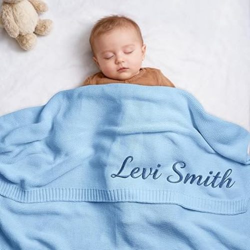 Personalized Baby Name Knitted Blanket - Custom Embroidered Name Swaddle Blanket,30x40 inch, Customized Gift for Newborn, Baby Shower, Birthday, Christmas