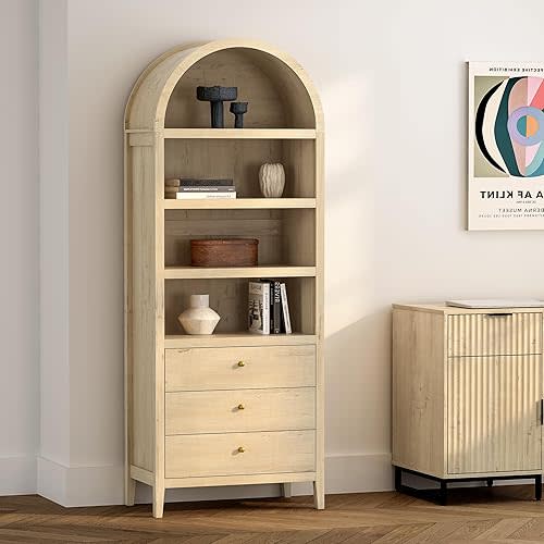 Tall Arched Bookshelf with Drawers, 71" Wood Bookcase with Storage Farmhouse Display Cabinet Wooden Bookshelves Mid-Century Modern Storage Shelf for Office Kitchen Natural Oak