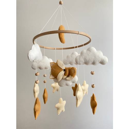 Sleeping Fox Baby Mobile: Handmade Felt Moon, Stars & Clouds