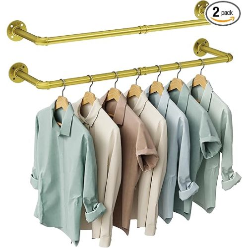 OROPY Industrial Pipe Clothes Rack Wall Mounted Set of 2, 38.4 inches Heavy Duty Iron Pipe Clothing Garment Rail, Multi-Purpose Clothing Hanging Rod for Laundry Room and Closet Storage, Gold