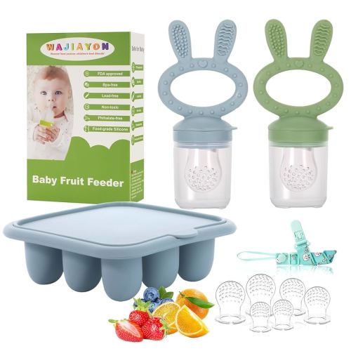 WAJIAYON Baby Breastmilk Popsicle Molds & Baby Fruit Feeder (3 Pack), Baby Food Freezer Tray Storage Containers, Silicone Teething Pacifier Feeder and Teether for Babies,Baby Feeder - Blue