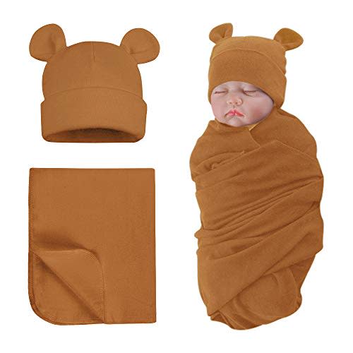 PESAAT Cotton Baby Swaddle Hat Set Newborn Infant Hats Receiving Blankets for Baby Boys Girls