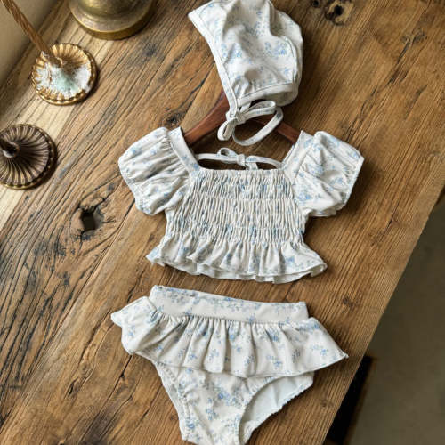 Girl's 3-Piece Tie Back Puff Sleeve Ruffle Bikini and Swim Bonnet Set (6m-6y) - Blue Floral