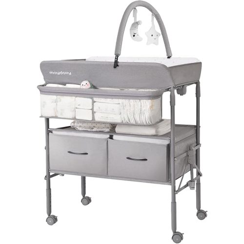 Maydolly Baby Changing Table, Portable Folding Changing Table with Wheels, Waterproof and Adjustable Height, Premium Diaper Changing Station with Two Drawers, Mobile Nursery for Newborn (Grey)