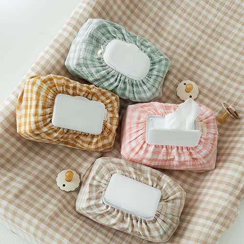 Baby Wipes Cover – Universal Size, One Size Fits All Wipes Packages | Muslin Cotton Tissue Cover for Nursery, Diaper Bag & Changing Table, Station | Gingham & Neutral Patterns (Mustard Yellow Gingham)