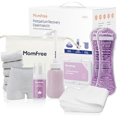 Postpartum Essentials Recovery Kit: Labor Delivery Post Partum 7 Pack Recovery Mom Care Set - Upside Down Peri Bottle | XL Disposable Underwear | Soothing Pads | Perineal Healing Foam | Canvas Bag