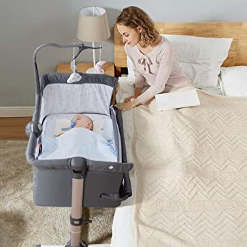 BABY JOY Baby Bassinet, Height Adjustable Portable Bassinet Crib w/Music Box, Toy Rack, Mattress, Breathable Mesh & Travel Bag, Easy Folding Bassinet Bedside Sleeper for Newborn Infant (Dark Grey)