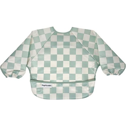 Tiny Twinkle Mess Proof Baby Bib, Cute Full Sleeve Bib Outfit, Waterproof Bibs for Toddlers, Machine Washable, Tug Proof - Small 6-24 Months - Checkers Green