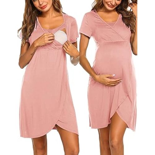 Ekouaer Nursing Nightgown 3 In 1 Maternity Nightgown Short Sleeve Nursing Gown Breasfeeding Sleepwear Delivery Dress