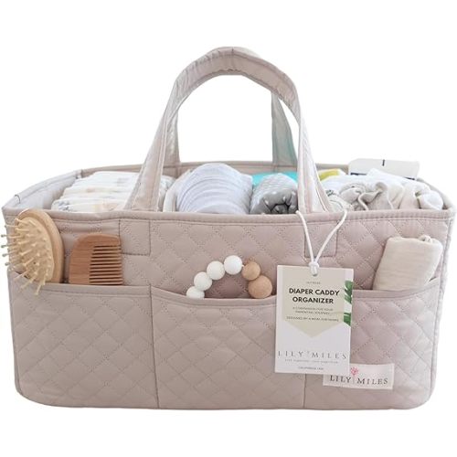 Lily Miles Baby Diaper Caddy Organizer, Quilted Nursery Storage Organizer for Newborn Essentials and Diaper Changing Station, Gift for Baby Shower and Registry Must-Have (Soft Sand)