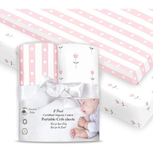 100% Organic Cotton Fitted Mattress Sheets for Graco Pack n Play, Babyletto, Pamo Babe, Dream on Me, Evenflo, Baby Trend, Hygge Hush Portable/Mini Crib/Playards, 2 Pk