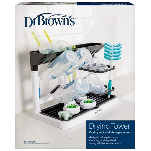 Dr. Brown's Drying Tower, Stand-Up Drying Rack, Countertop Baby Bottle Drying with Organized Storage for Baby Essentials, Space Saving Vertical Rack
