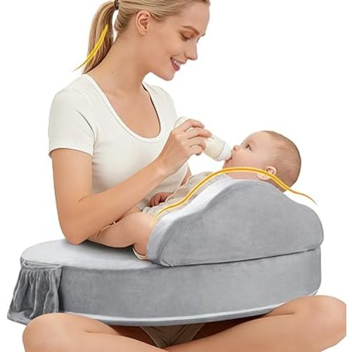 Nursing Pillow - Memory Foam Bottle & Breastfeeding Pillow with Safety Fence - Ergonomic Support, with Wider Breast Feeding Cushion, Adjustable, Removable Cover, Baby Safety Certified Gray