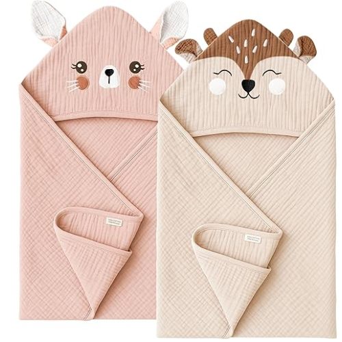 Konssy 2-Pack Muslin Baby Hooded Towels, 100% Cotton, Soft and Absorbent Baby Bath Towels for Newborn, Infant & Toddler with Animal Hooded Design(Bunny & Deer)