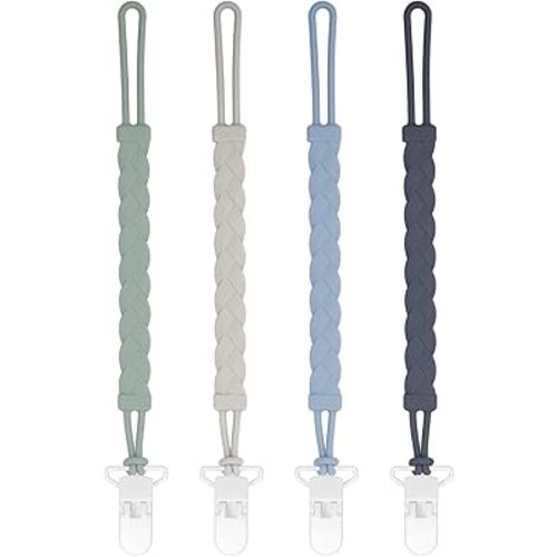 Stylish Silicone Pacifier Clips, 4-Pack Pacifier Holder with Flexible Woven Rope Design, 100% Food Grade Silicone, Easter Safe Essentials for Newborns Baby Boys and Girls