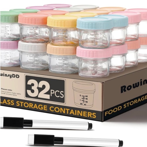 RowinsyDD 32-Pack Leakproof 4oz Glass Baby Food Jars With Lids - BPA Free, Freezer & Microwave Safe