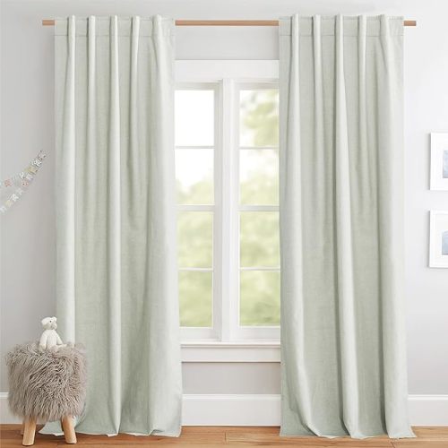 NICETOWN Sage Green 100% Blackout Linen Texture Curtains 84" Long, Thermal Insulated Full Blackout 2-Layer Lined Drapes, Energy Efficiency Window Draperies for Boy's Room (2 Panels, 42-inch W)