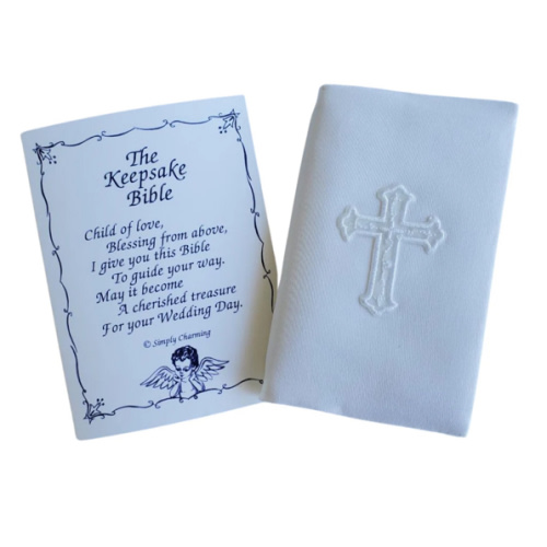 Simply Charming White Satin Covered Keepsake Baby Bible with Cross