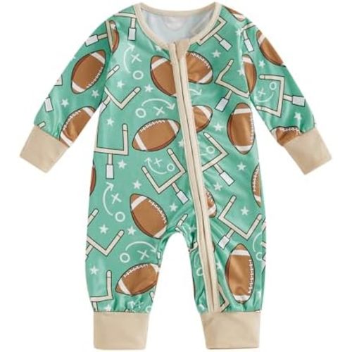 Baby Boy Girl Football Outfit Football Print Long Sleeve Zip Up Romper Jumpsuit Infant Boys Girls Fall Winter Outfit