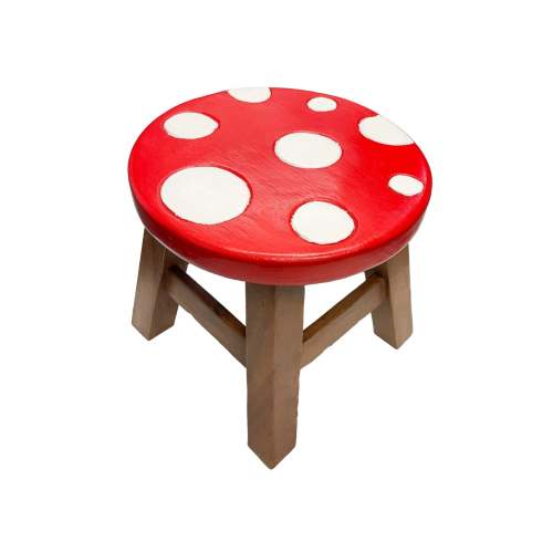 Childrens Wooden Stool Novelty Mushroom Toadstool Red Kids Stool Step Chair Fair Trade Hand Made Carved Solid Wood Boys or Girls 26x26cm