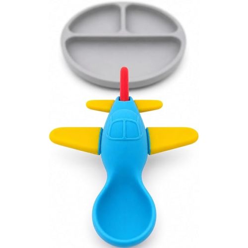 Baby Spoon & Plate Set - Airplane Self Feeding Spoon, Silicone BPA Free, Suction Divided Plate for Baby Led Weaning, 6-18 Months