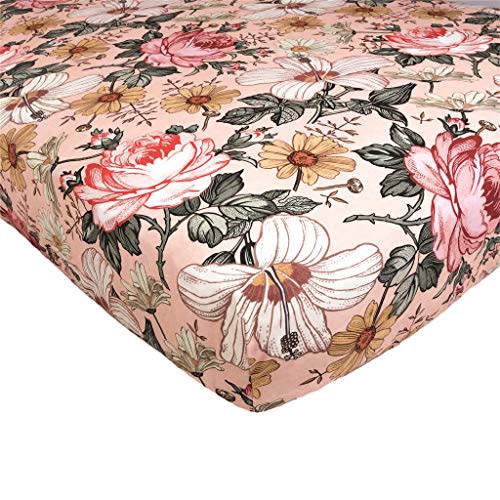Fitted Crib Sheet - Garden Floral Pattern Design, Woven 100% Cotton (Rose Pink, Regular (28x52x9) in)