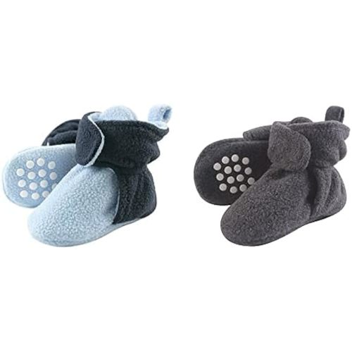 Luvable Friends Boy Cozy Fleece Booties 2-Pack, Light Blue Navy Charcoal Heather, 6-12 Months