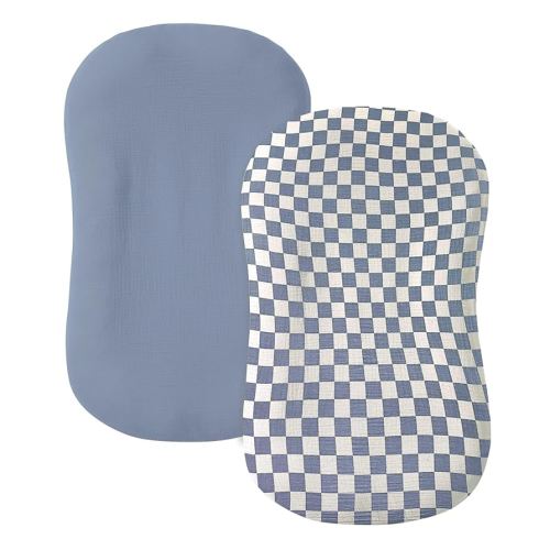 Muslin Baby Lounger Cover 2 Pack, 100% Cotton Infant Lounger Cover, Soft & Breathable Replacement Slipcover, Compatible with Snuggle Me Newborn Lounger (Tradewinds,Tradewinds Check)