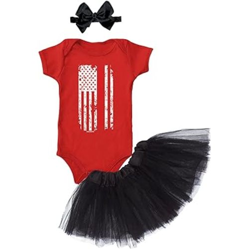 Haase Unlimited Red Line American Flag - Support Firefighters Baby Bodysuit + Tutu Skirt + Bow Headband Set
