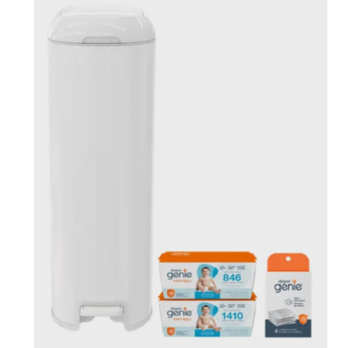Diaper Genie Platinum Diaper Pail Gift Set | Hands-Free Odor Control with Foot Pedal | Stainless Steel Baby Diaper Pail | Includes 2 Easy Roll Refills 48 Bags Total | Baby Registry Must-Have