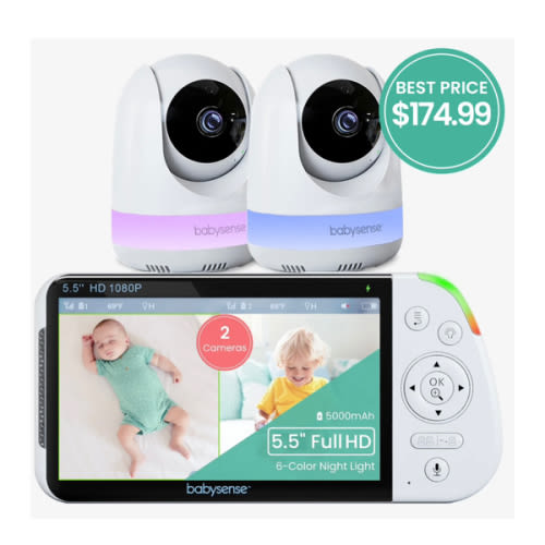 Babysense Max View: Video Baby Monitor with 2 Cameras, Split Screen, Non Wifi, Night Light & Sound Machine