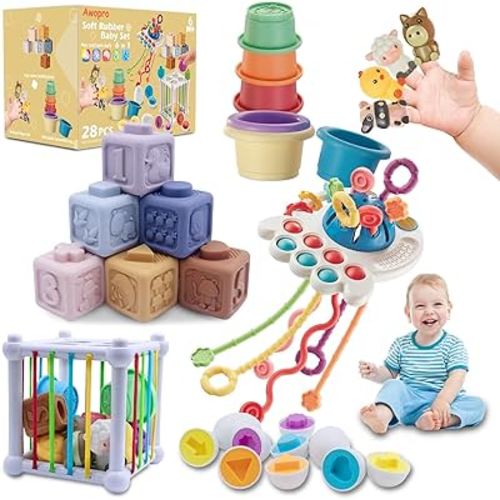 Baby Toys for 6-18 Months Old, 6 in 1 Montessori Toys Set, Educational Learning Toys for 1 Year Old, Sensory Stacking Toys for Toddlers 1-3, Infant Teething Toys for Newborn Birthday Gifts 28PCS