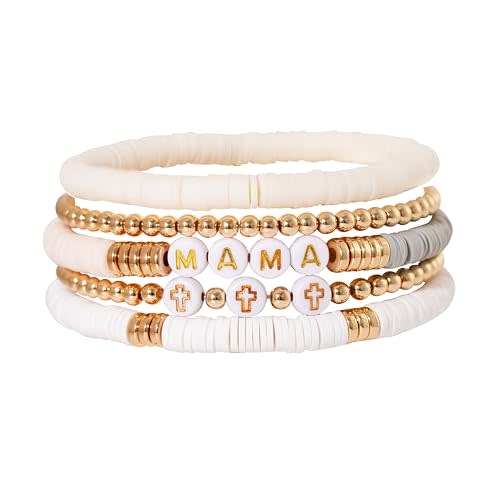 GOOJIDS Surfer Heishi Clay Bead Bracelets for Women Bohemian Stackable Gold Beaded Stretch Bracelets Elastic Layering Friendship Bracelets Set Boho Jewelry
