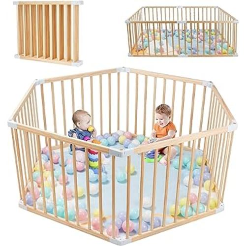 Foldable Baby Playpen for Toddlers, Expandable Wooden Play Fence, Large Wood Playpen Safety Playard for Indoor & Outdoor, Safe Play Area Kids Activity Center (26“ Tall, 6-Panel)
