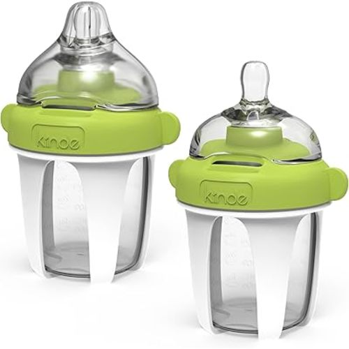 Kiinde Active Latch Silicone Baby Bottle, Anti Colic, Leak Proof, Easy to Clean, Includes 2 Medium Flow Active Latch Nipples with Covers, 4 Ounce, 2 Count, Green