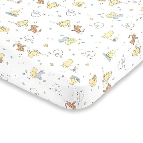 Disney Winnie The Pooh Classic Pooh 100% Cotton Fitted Mini Crib Sheet in Ivory, Butter, Aqua and Orange