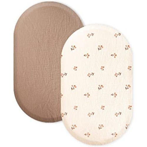 Konssy 2 Pack Muslin Fitted Bassinet Sheets for Baby Girl Boy, Soft Breathable Baby Bassinet Sheets Fit for Baby Bassinets, Cradle, Moses Basket Oval Rectangle Pad/Mattress (Brown,Berry)