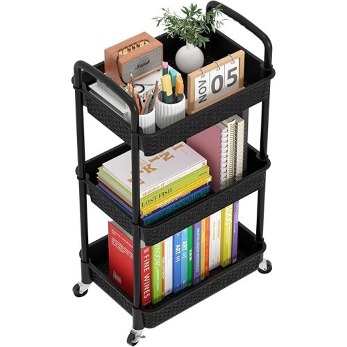 MOYIPIN 3-Tier Plastic Rolling Utility Cart with Handle,Utility Storage Cart for Office, Living Room, Kitchen,Movable Storage Organizer Shelves,Black