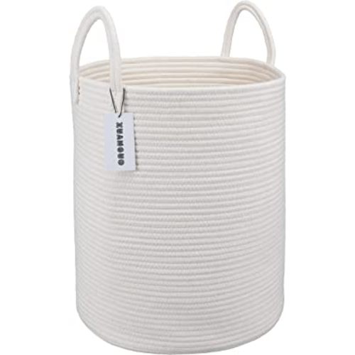Cotton Rope Laundry Basket Hamper for Clothes Decorative Woven Storage Basket for Living Room Bedroom Boho Tall Rope Baskets for Blanket Toys Baby Nursery Hamper Bin Large white