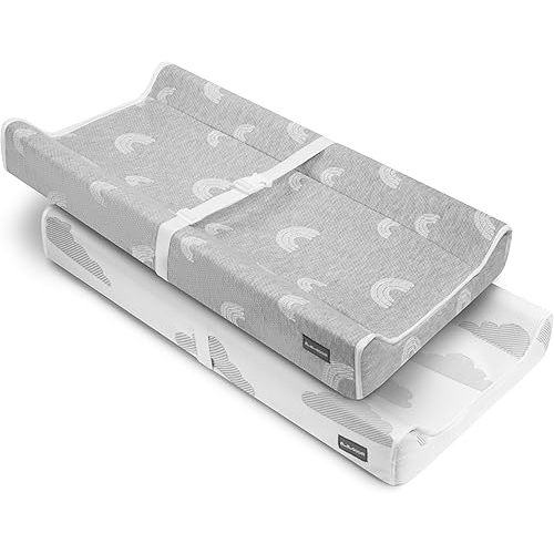 Contoured Baby Changing Pad w/Waterproof Foam Mattress, Includes 2 Soft, Removable & Washable Covers, Safety Straps, Non-Slip Bottom, Topper for Standard Size Infant Diaper Table & Dresser
