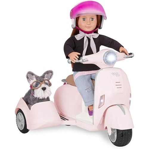 Our Generation by Battat- Ride Along Scooter with Side Car - Vehicle with Working Lights & Horn, Toys & Accessories for 18" Dolls- Ages 3 Years & Up