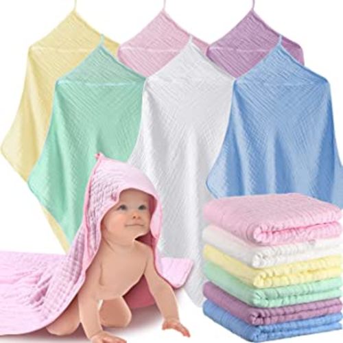 6 Sets Baby Hooded Bath Towels Muslin Cotton Newborn Washcloths Essentials, 32 Inch Soft Infant Bath Towel for Bathtub, 9.8 Inch Absorbent Toddler Face Washcloths Newborn Gifts Stuff for Girl Boy