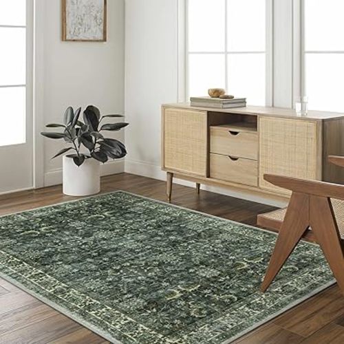Anidaroel Dining Room Area Rug 6x9, Washable Green Distressed Large Rugs for Living Room, Stain Resistant Non Slip Bedroom Rug Aesthetic Soft Boho Rug Indoor Floor Carpet for Dorm Nursery