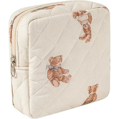Small Quilted Cosmetic Pouch for Purse, Mini Cotton Makeup Bag with Compartments, Cute Zipper Lipstick Holder for Women (01Bear)