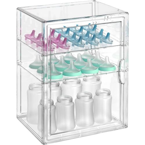 14.17"X10.63"X10.63" Baby Bottle Organizer, 3 Tier Clear Acrylic Storage with Drawers, Dustproof Adjustable Divider Countertop Organizer for Kitchen Nursery Baby Essentials New Mom (Large)