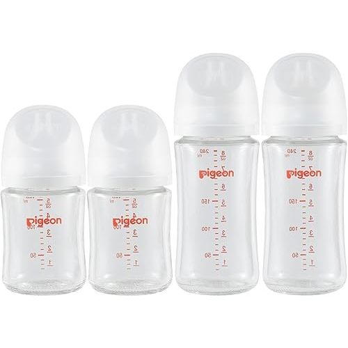 Pigeon Glass Nursing Baby Bottle Wide Neck (Pack of 4), Streamlined Body, Natural Feel, Easy to Clean, Heat-Resistant, 5.4Oz and 8.1 Oz (2S 2L)