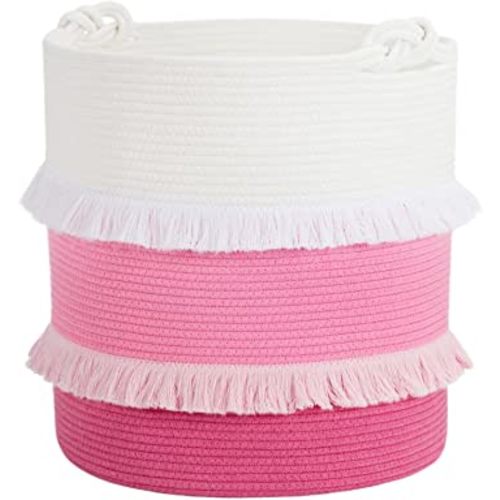CherryNow Extra Large Woven Storage Baskets – 16'' x 17'' Cotton Rope Decorative Pink Hamper for Nursery, Toys, Blankets, and Laundry, Cute Tassel Nursery Décor for Baby & Girl