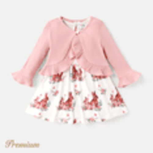 PatPat 2pcs Baby Girl Floral Print Naia™ Tank Dress and Ruffle Trim Long-sleeve Cardigan Set