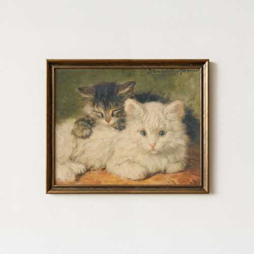 Vintage Kittens Painting | Antique Cat Portrait Artwork | Victorian Pet Animal Wall Decor | Mailed Print